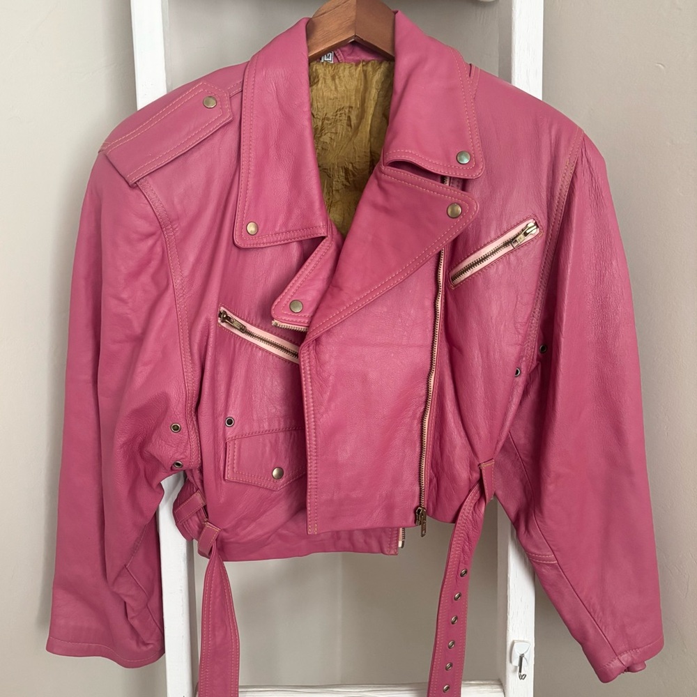 Pink YKK Genuine Leather Vintage  Biker Jacket Sz Medium